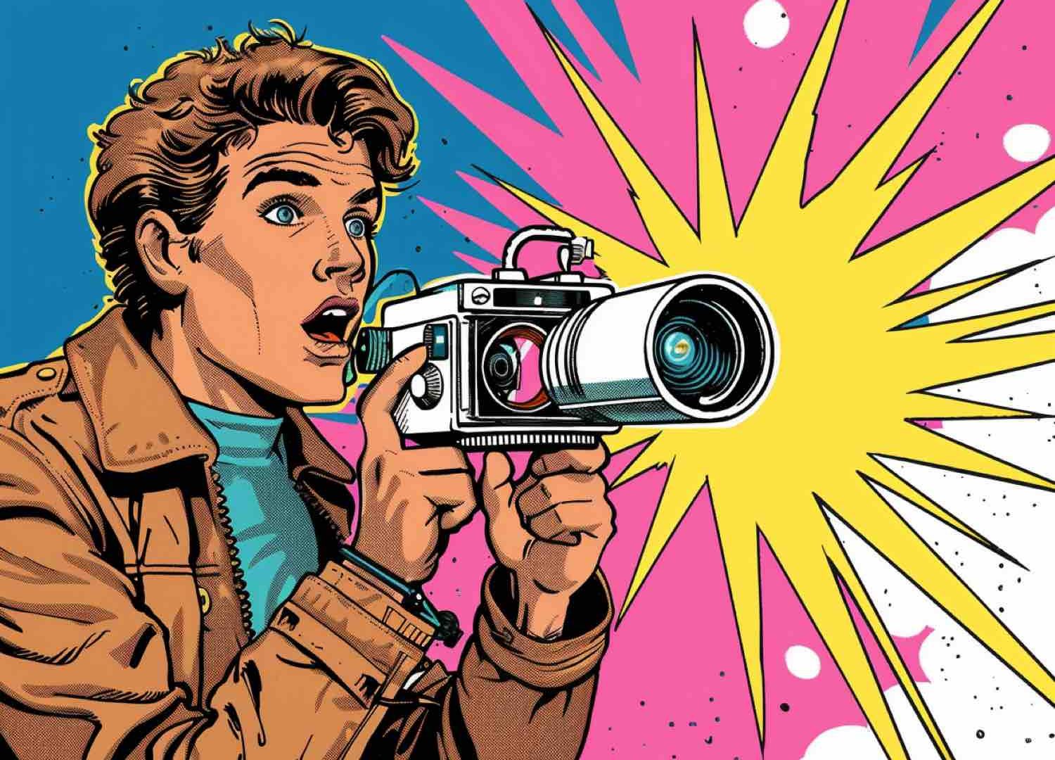 Un hombre sostiene una cámara de fotos con cara de sorpresa en estilo comic